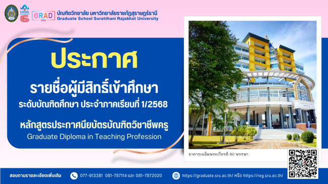 ประกาศรายชื่อผู้สิทธิ์เข้าศึกษาหลักสูตรประกาศนียบัตรบัณฑิตวิชาชีพครู
